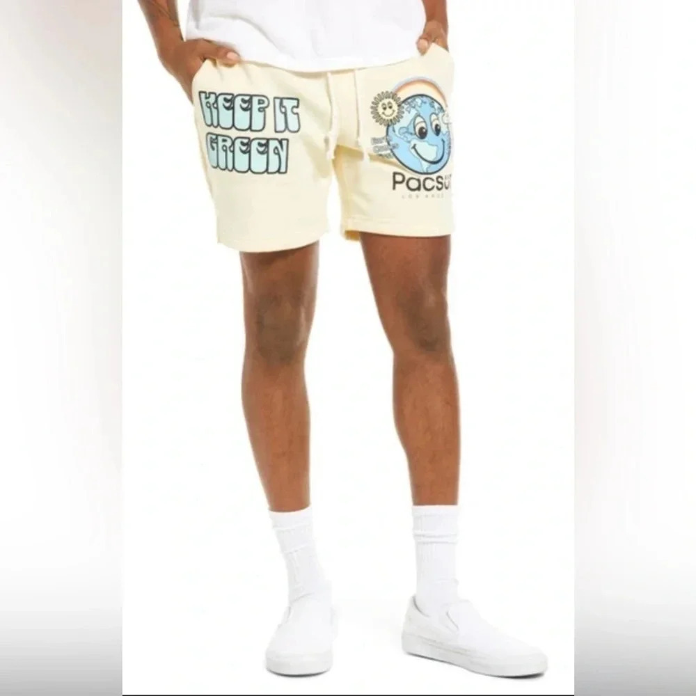 Pacsun Cream Keep it Green Graphic-Print Recycled-Cotton Blend Shorts Size L